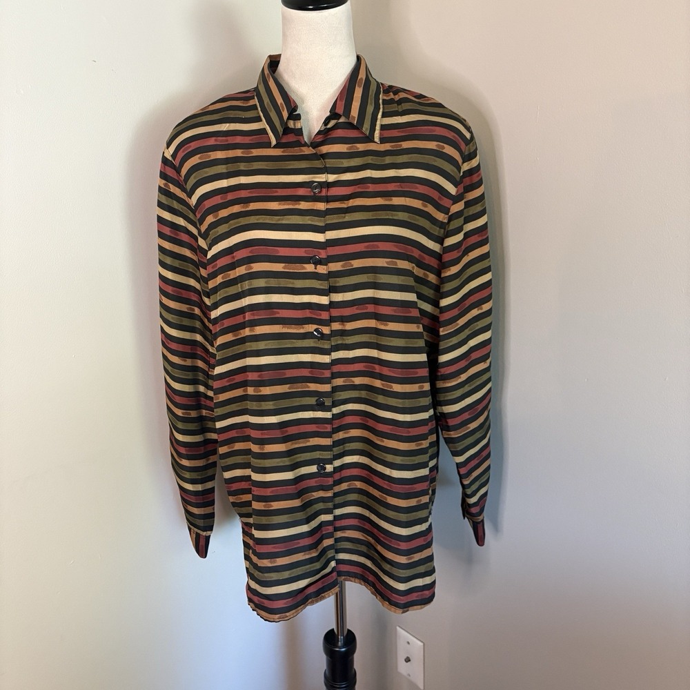 VTG Stunt 100% Silk Striped Blouse Womens Medium M Long Sleeve Button Up 90s EUC